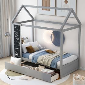 Twin Size House Bed with Drawers and Blackboard, Gray (Expected Arrival Time:6.30)