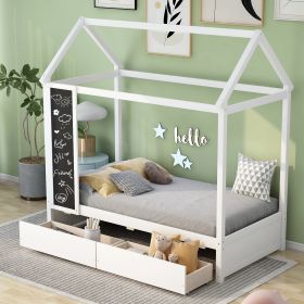 Twin Size House Bed with Drawers and Blackboard, White (Expected Arrival Time:6.30)