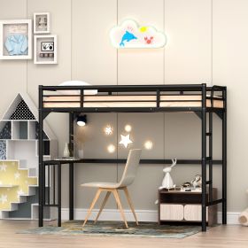 Twin Metal Loft Bed with Desk, Ladder and Guardrails,bookdesk under bed , Black
