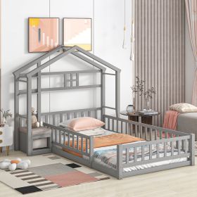 Twin Size House-Style Headboard Floor Bed with Fence Guardrails, Cushion Stand ,Gray