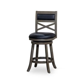 24" Counter Height X-Back Swivel Stool; Weathered Gray Finish; Black Leather Seat