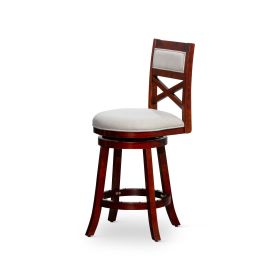 24" Counter Height X-Back Swivel Stool; Cherry Finish; Beige Fabric Seat