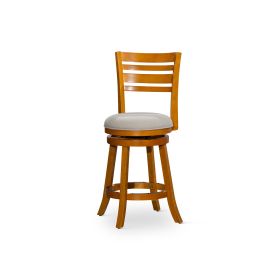 24" Counter Height Slat Back Swivel Stool; Natural Finish; Beige Fabric Seat