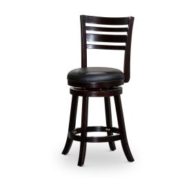 24" Counter Height Slat Back Swivel Stool; Espresso Finish; Black Leather Seat