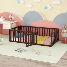 Twin Size Wood Floor Bed Frame with Fence and Door; Walnut(OLD SKU :WF289661AAL)