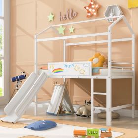 Metal House Bed With Slide; Twin Size Metal Loft Bed with Two-sided writable Wooden Board (White )