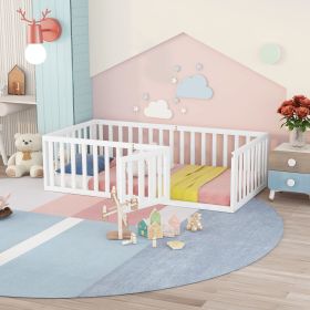 Twin Size Wood Floor Bed Frame with Fence and Door; White(OLD SKU :WF289661AAK)