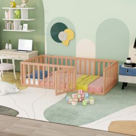 Twin Size Wood Floor Bed Frame with Fence and Door; Natural(OLD SKU :WF289661AAM)