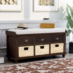 TREXM Rustic Storage Bench with 3 Drawers and 3 Rattan Baskets; Shoe Bench for Living Room; Entryway (Espresso)