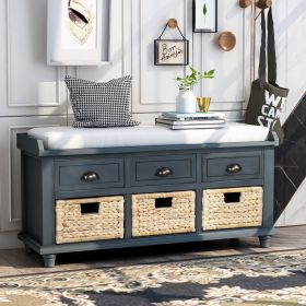 TREXM Rustic Storage Bench with 3 Drawers and 3 Rattan Baskets; Shoe Bench for Living Room; Entryway (Antique Navy)