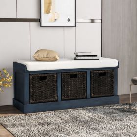 TREXM Rustic Storage Bench with 3 Removable Classic Rattan Basket ; Entryway Bench with Removable Cushion (Antique Navy)