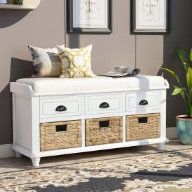 TREXM Rustic Storage Bench with 3 Drawers and 3 Rattan Baskets; Shoe Bench for Living Room; Entryway (White)