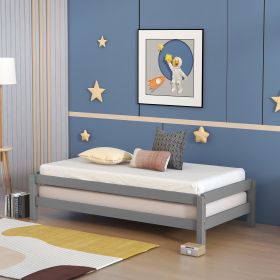 Solid Platform Bed Twin Size; 2 Twin Wood Bed Guest Bed Stackable Bed Gray