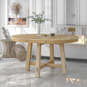 TREXM Farmhouse Round Extendable Dining Table with 16&quot; Leaf Wood Kitchen Table (Natural Wood Wash)