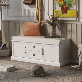 TREXM Storage Bench with 2 Drawers and 2 Cabinets; Shoe Bench with Removable Cushion for Living Room; Entryway (White)