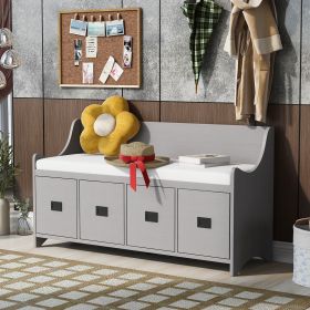 TREXM Movable Cushion Storage Bench with Drawers and Backrest for Entryway and Living Room (Gray Wash)