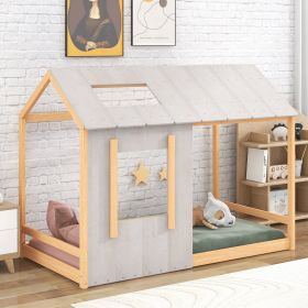 Twin Size House Platform with Roof and Window ; Natural+Antique White
