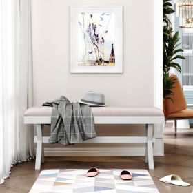 TOPMAX Farmhouse Rustic Wood Kitchen Upholstered Dining Bench; Beige+White