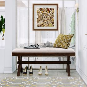 TOPMAX Farmhouse Rustic Wood Kitchen Upholstered Dining Bench; Brown+ Beige
