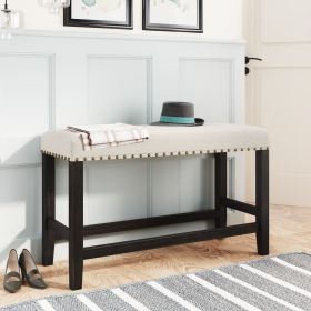 TOPMAX Rustic Wooden Upholstered Dining Bench for Small Places; Espresso+ Beige