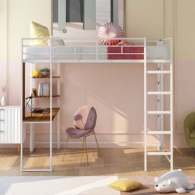 Full Size Metal Loft Bed with 2 Shelves and one Desk ; White (Old SKU: LP000191AAK )