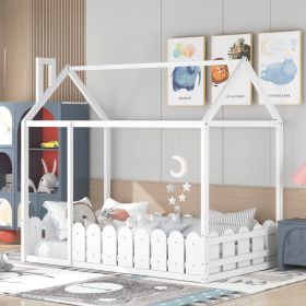(Slats are not included) Twin Size Wood Bed House Bed Frame with Fence; for Kids; Teens; Girls; Boys (White )(OLD SKU :WF194274AAK)