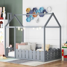 (Slats are not included) Twin Size Wood Bed House Bed Frame with Fence; for Kids; Teens; Girls; Boys (Gray )(OLD SKU :WF194274AAE)