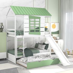 Twin over Twin Size House Bunk Bed with Convertible Slide and Trundle; White+Green
