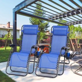 2Packs Zero Gravity Lounge Chair with Dual Side Tray 330lbs Load Foldable Recliner Chair (Color: Blue)