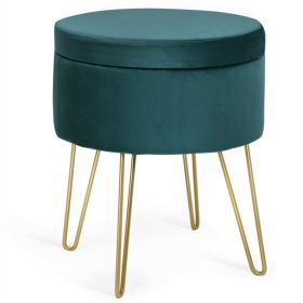 Round Velvet Storage Ottoman Footrest Stool Vanity Chair with Metal Legs (Color: DARK GREEN)