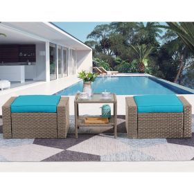 3 Piece Outdoor Ottomans with Glass Coffee Table (Color: as Pic)