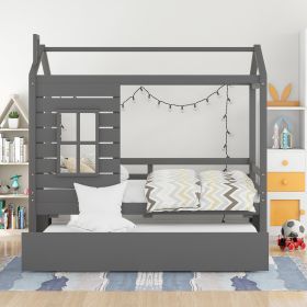Twin Size House Bed Wood Bed with Twin Size Trundle (Color: Gray)