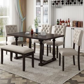 6-Piece Dining Table and Chair Set with Special-shaped Legs and Foam-covered Seat Backs&Cushions for Dining Room (Color: espresso)