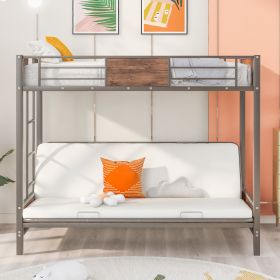 Twin-Over-Futon Bunk Bed;  Metal Futon Bunk Bed Frame with Guardrails and Ladder (Color: Gray)