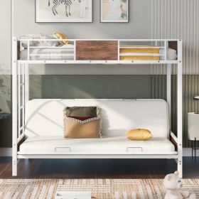 Twin-Over-Futon Bunk Bed;  Metal Futon Bunk Bed Frame with Guardrails and Ladder (Color: White)