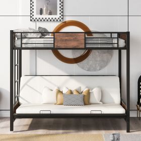 Twin-Over-Futon Bunk Bed;  Metal Futon Bunk Bed Frame with Guardrails and Ladder (Color: Black)