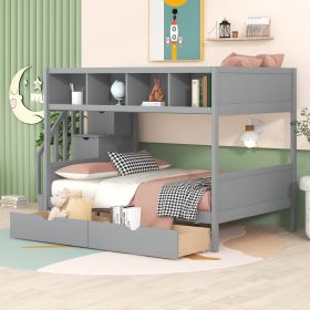 Twin over Full Bunk Bed with Shelfs;  Storage Staircase and 2 Drawers (Color: Gray)