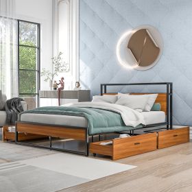 Queen Size Metal Platform Bed Frame with Four Drawers; Sockets and USB Ports ; Slat Support No Box Spring Needed (Color: Black)
