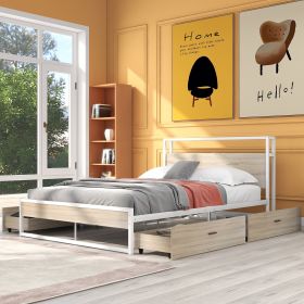 Queen Size Metal Platform Bed Frame with Four Drawers; Sockets and USB Ports ; Slat Support No Box Spring Needed (Color: White)