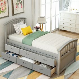 Twin Size Platform Storage Bed Solid Wood Bed with 6 Drawers (Color: Gray)