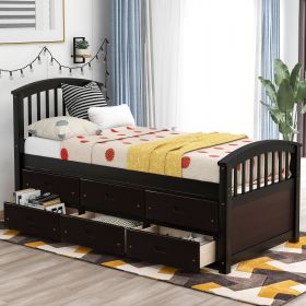 Twin Size Platform Storage Bed Solid Wood Bed with 6 Drawers (Color: espresso)