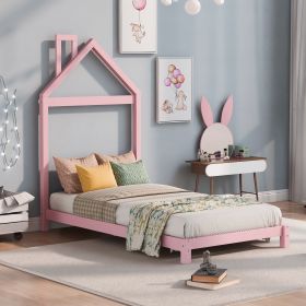 Twin Size Wood Platform Bed with House-shaped Headboard (Color: Pink)